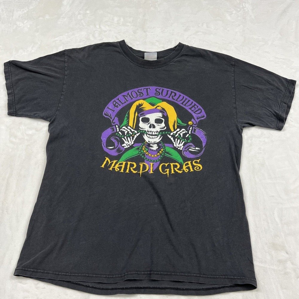 Hanes T-Shirt Adult Large Black I Almost Survived Mardi Gras Skeleton Jester